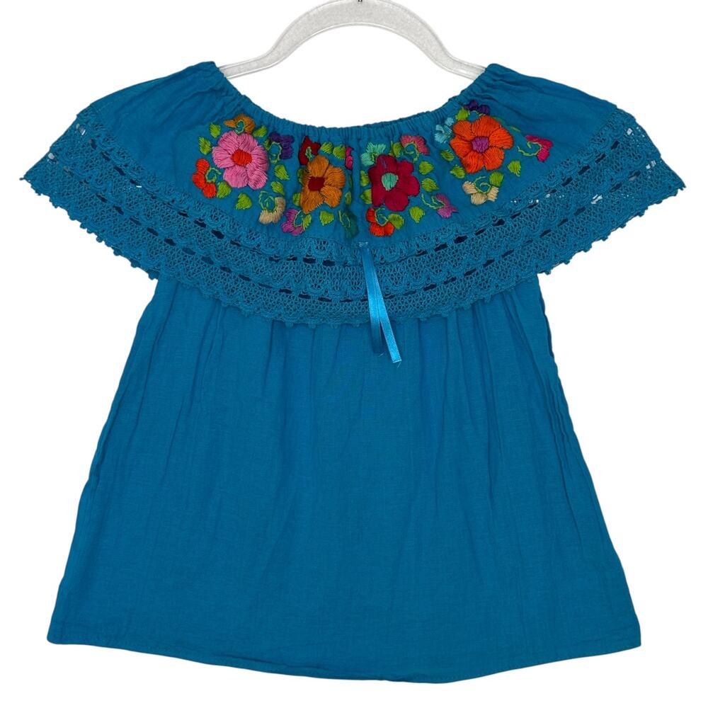 Turquoise Embroidered Off Shoulder Peasant Gauze Top Boho Crochet Trim XS
